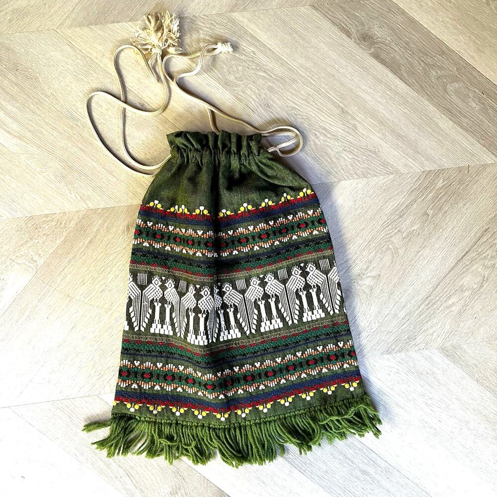 Green Woven Drawstring Tribal Backpack Hippie Tote Bag Boho Festival Rucksack